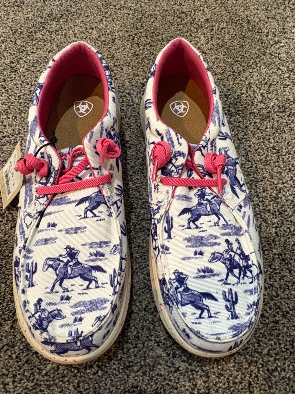 Ariat White Canvas Flats with Blue Western Print and Pink Accents